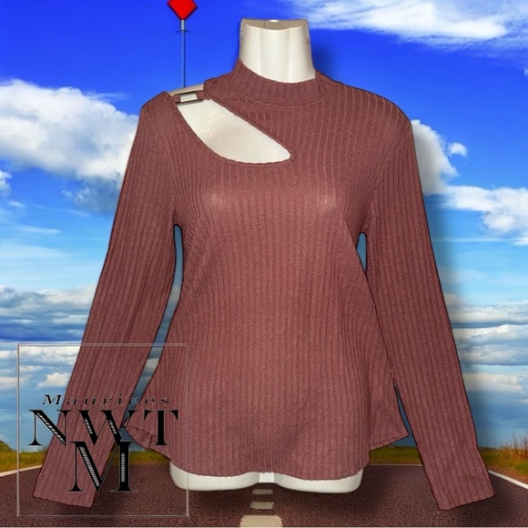 Maurices Sweater NWT Pink Brown Ribbed Mock Neck Shoulder Cut Out Long Sleeve M - Picture 2 of 16